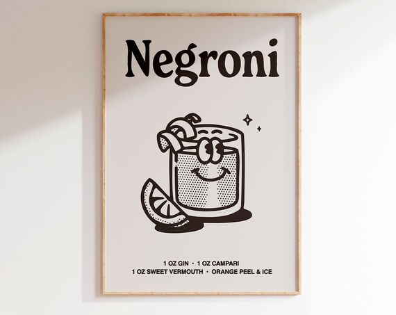 Negroni Cocktail Recipe Black Line Art Kitchen Bar Cart Poster