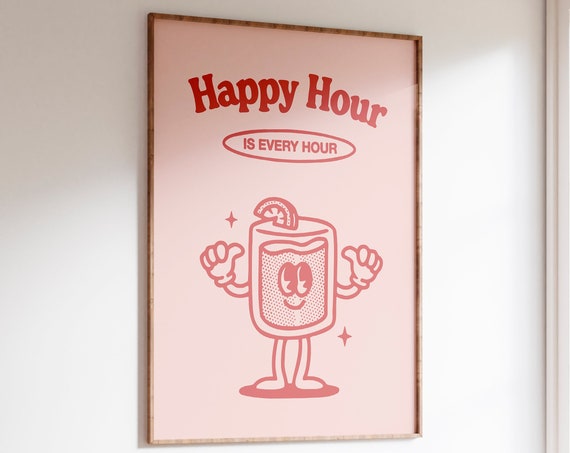 Happy Hour Print Bar Cart Wall Art Cute Drinks Poster Retro Bar Cart Decor Drinks Print Retro Wall Art Bar Wall Art