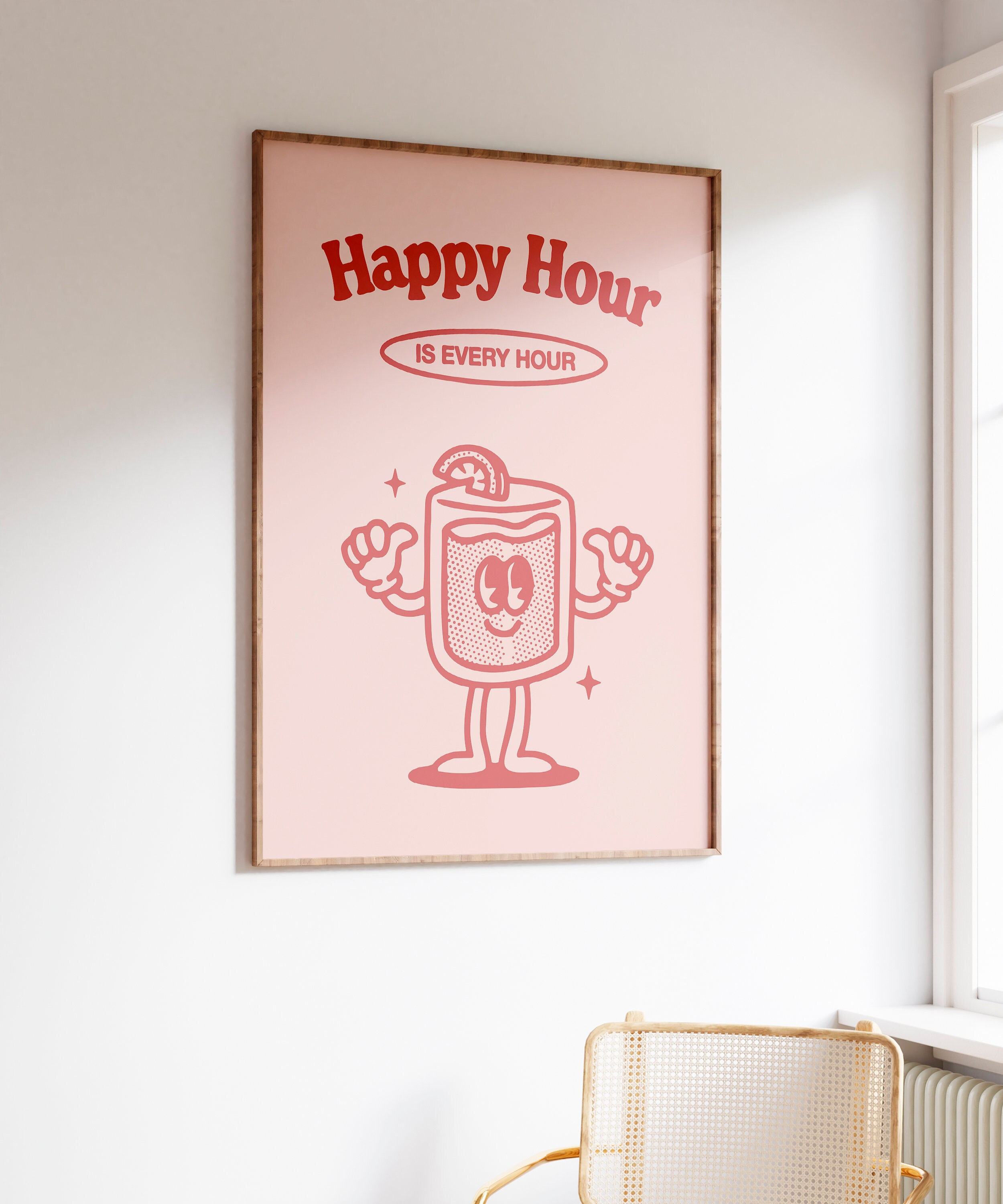 Happy Hour Is Every Hour Cocktail Glass Mascot Pink Retro Poster