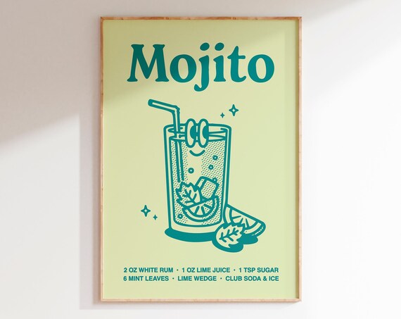 Mojito Cocktail Recipe Smiling Glass Retro Green Bar Cart Poster