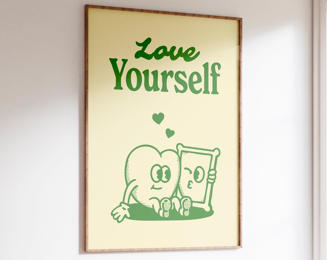 Love Yourself Retro Green Heart Self Care Quote Cute Wall Art