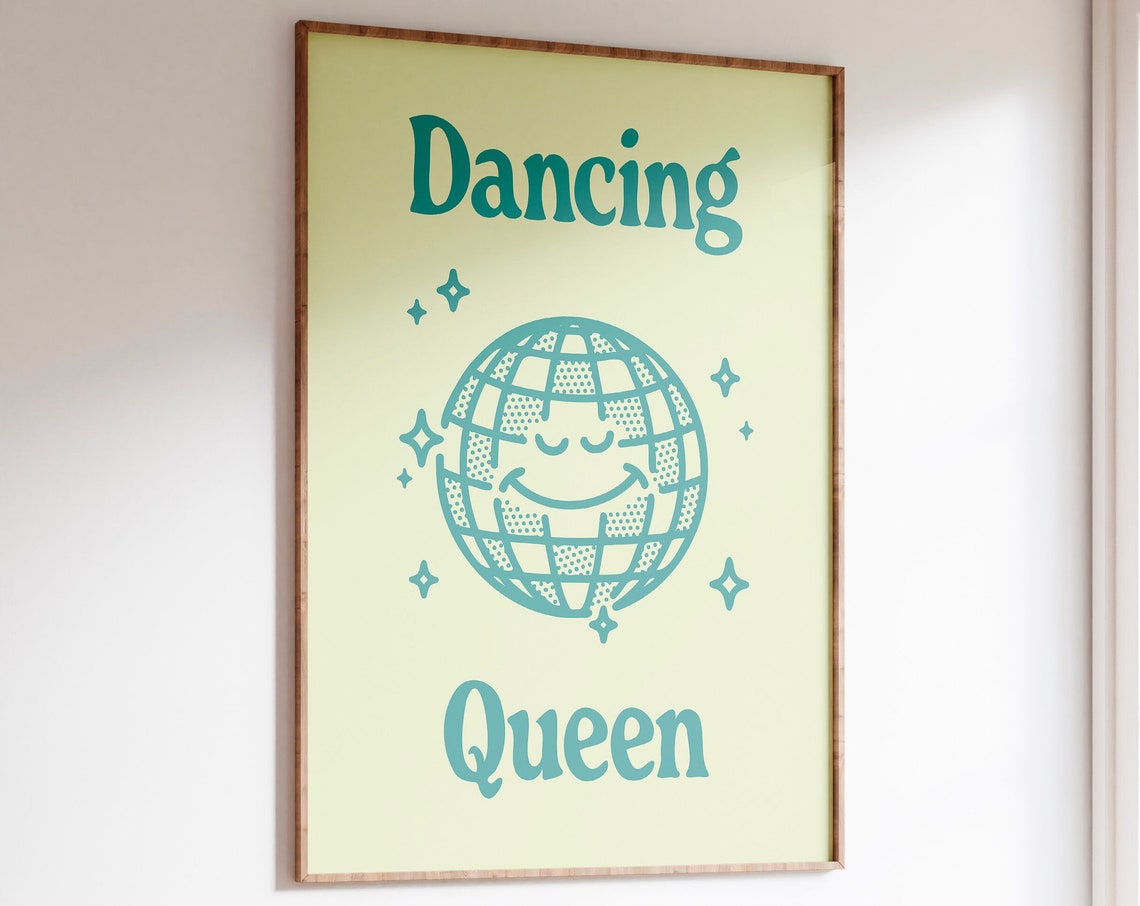 Dancing Queen Teal Disco Ball Retro Groovy Music Party Poster