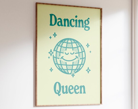 Dancing Queen Teal Disco Ball Retro Groovy Music Party Poster