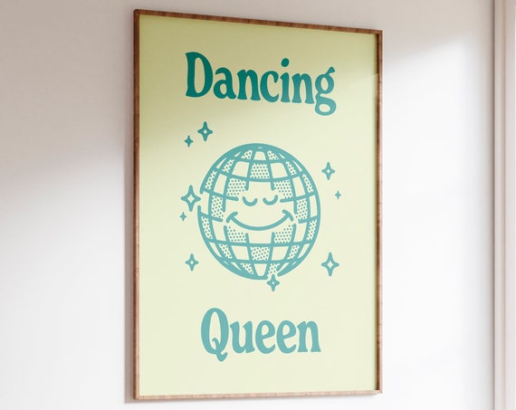 Retro Disco Art Print Funky Decor Teal Retro Poster Cute Apartment Decor Groovy Style Poster Funky Wall Art Disco Ball Prints Dancing