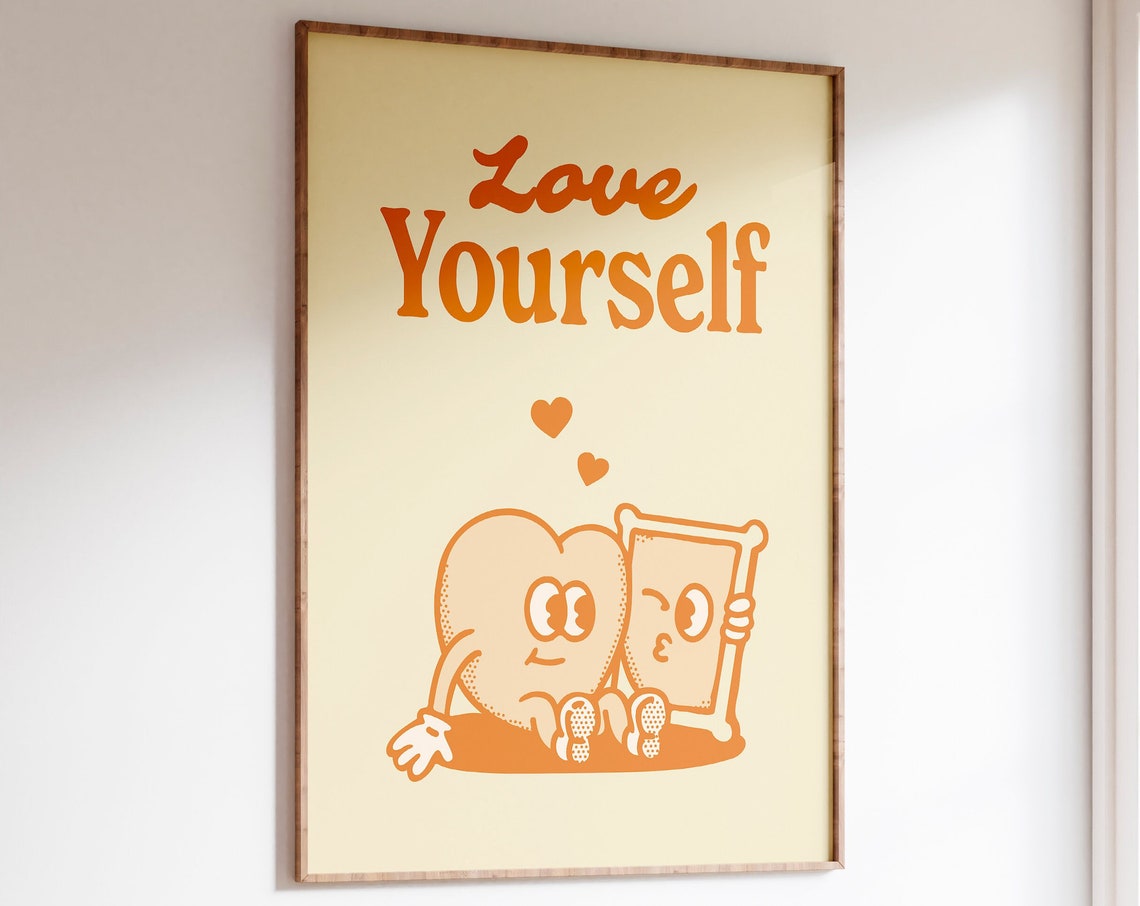Love Yourself Orange Heart Quote Cute Retro Affirmation Wall Art