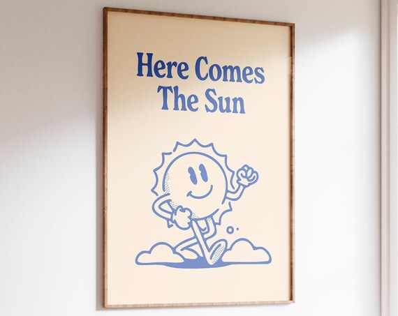 Retro Happy Sun Wall Print Vintage Retro Illustration Trendy Posters Cute Retro Prints Positive Poster Blue Beige Wall Art Art