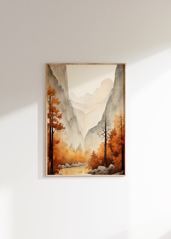 Autumn Mountain Valley Waterfall Watercolor Landscape Nature Poster