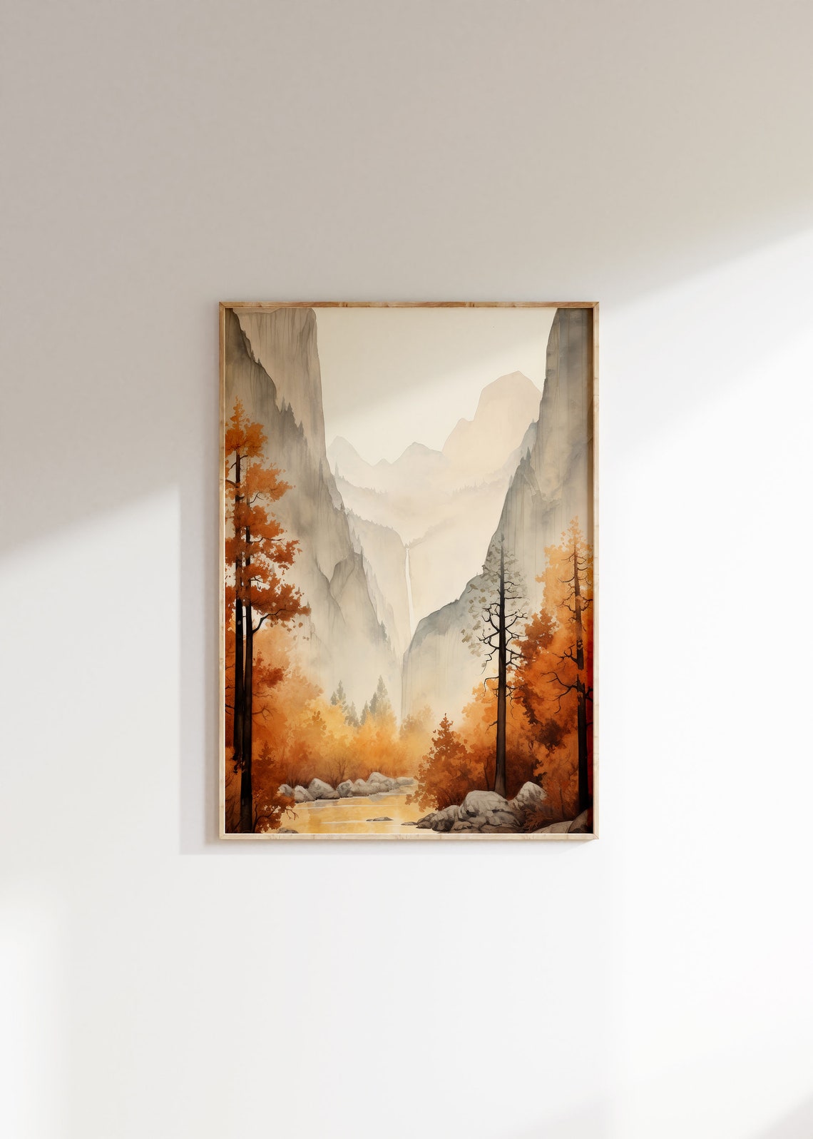 Autumn Mountain Valley Waterfall Watercolor Landscape Nature Poster