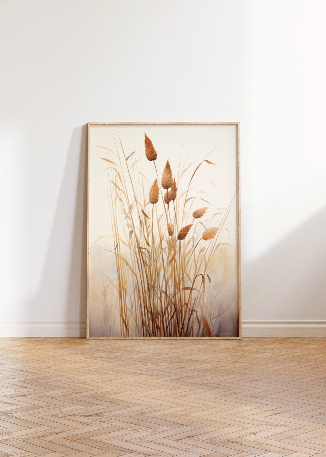 Golden Cattails Minimalist Watercolor Botanical Fall Wall Art
