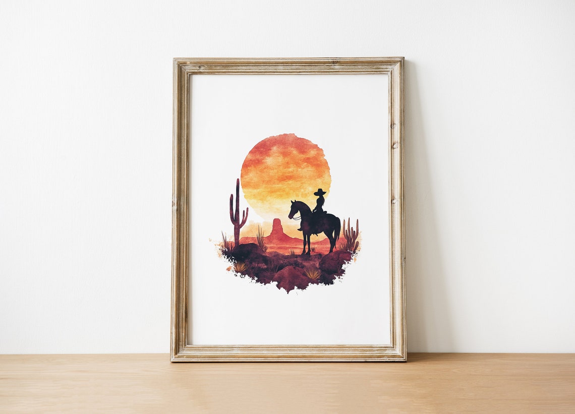 Cowboy Silhouette at Sunset Desert with Cactus Western Poster