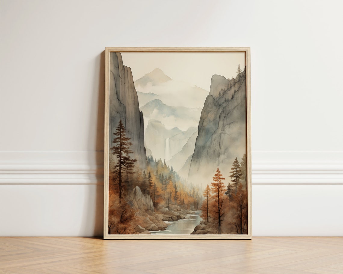 Yosemite Valley In The Fall Cliffs Waterfall River Watercolor Poster