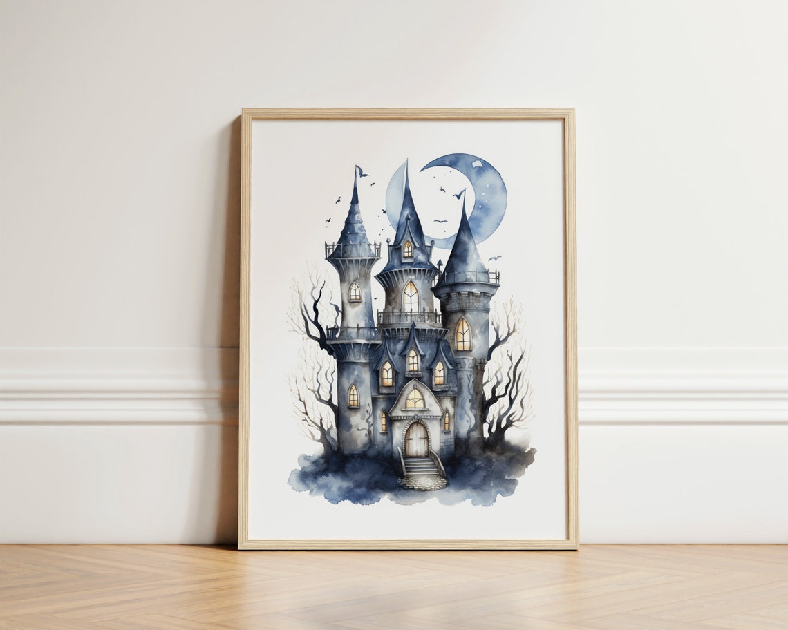 Halloween Night Spooky House Moon Wall Art Kids Decor Gift For Nursery