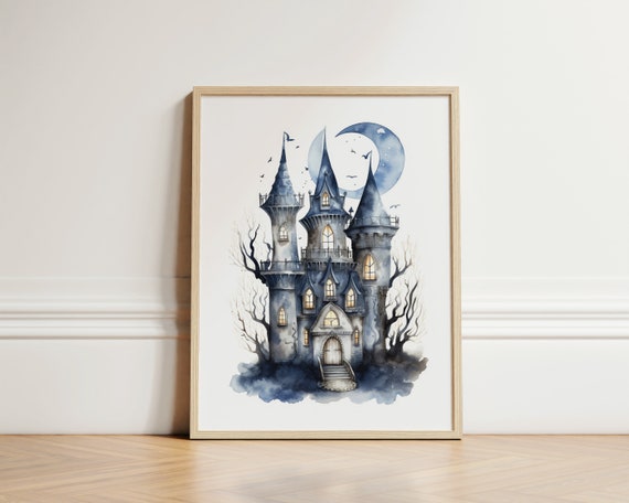 Halloween Night Spooky House Moon Wall Art Kids Decor Gift For Nursery