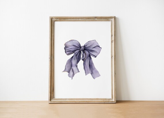 Elegant Purple Bow Print Wall Art Minimalist Illustration Preppy Teen Room Decor