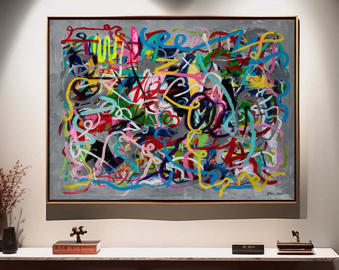 Neon Rainbow Scribbles on Gray Wide Modern Abstract Decor Poster