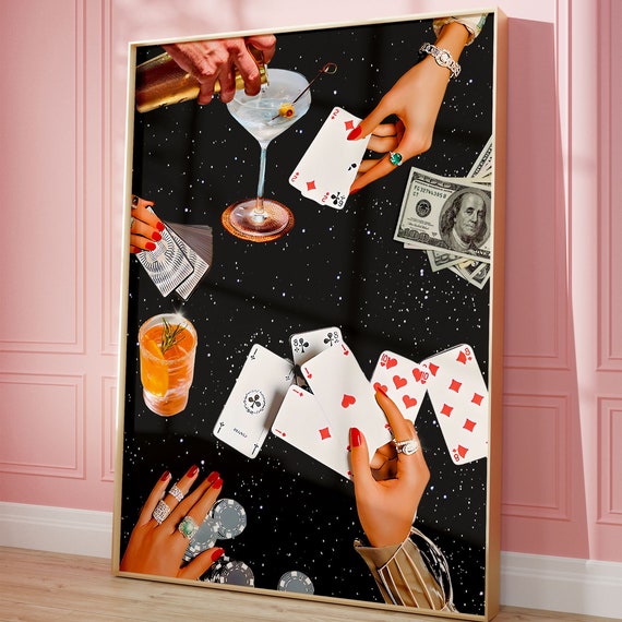 Vintage Playing Cards Wall Print Retro Poker Night Cards Drinks Retro Print Large Bar Cart Decorations