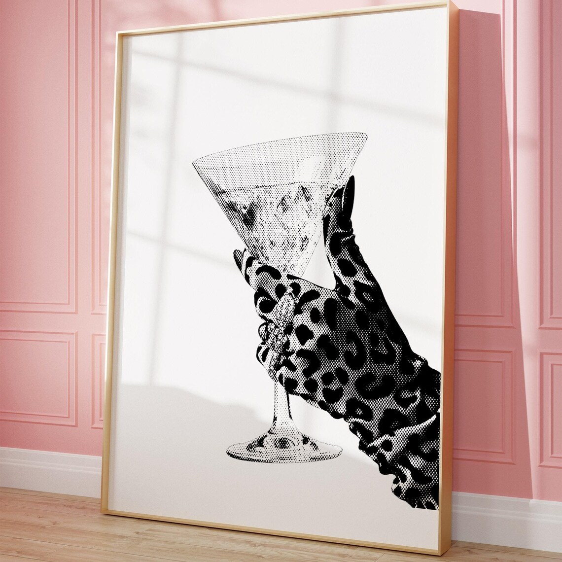 Glam Martini Glass Art Print, Chic Leopard Glove