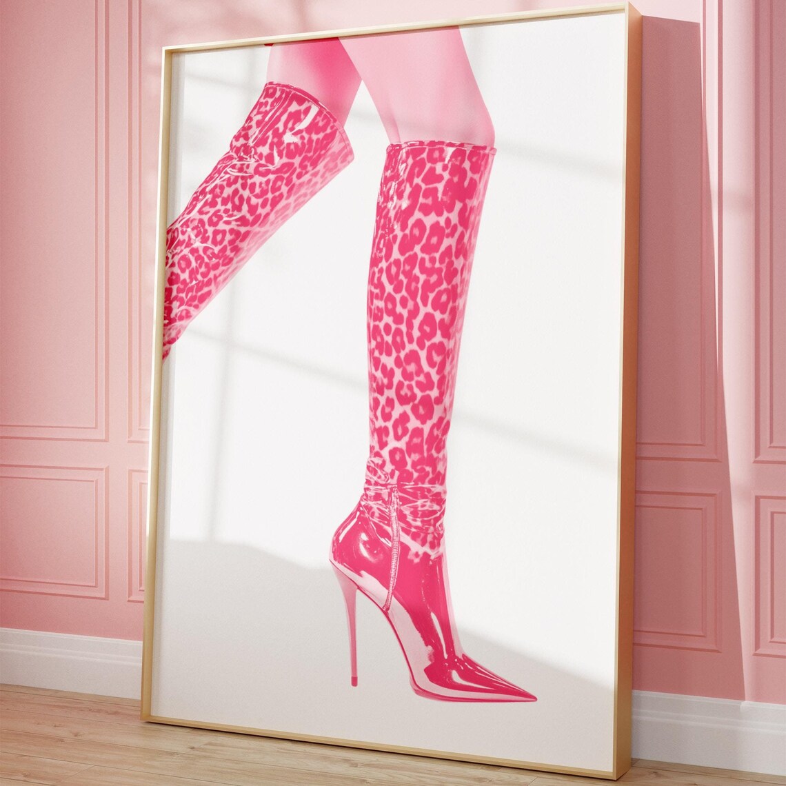 Pink Leopard Stiletto Boots Girly Fashion Poster with Glossy Style