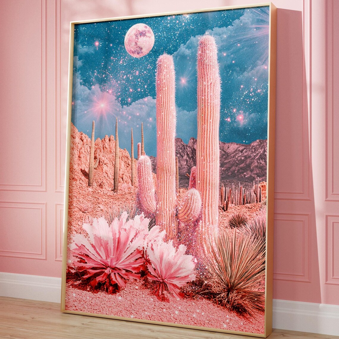 Pink Desert Cactus Poster under a Starry Night Sky with Full Moon