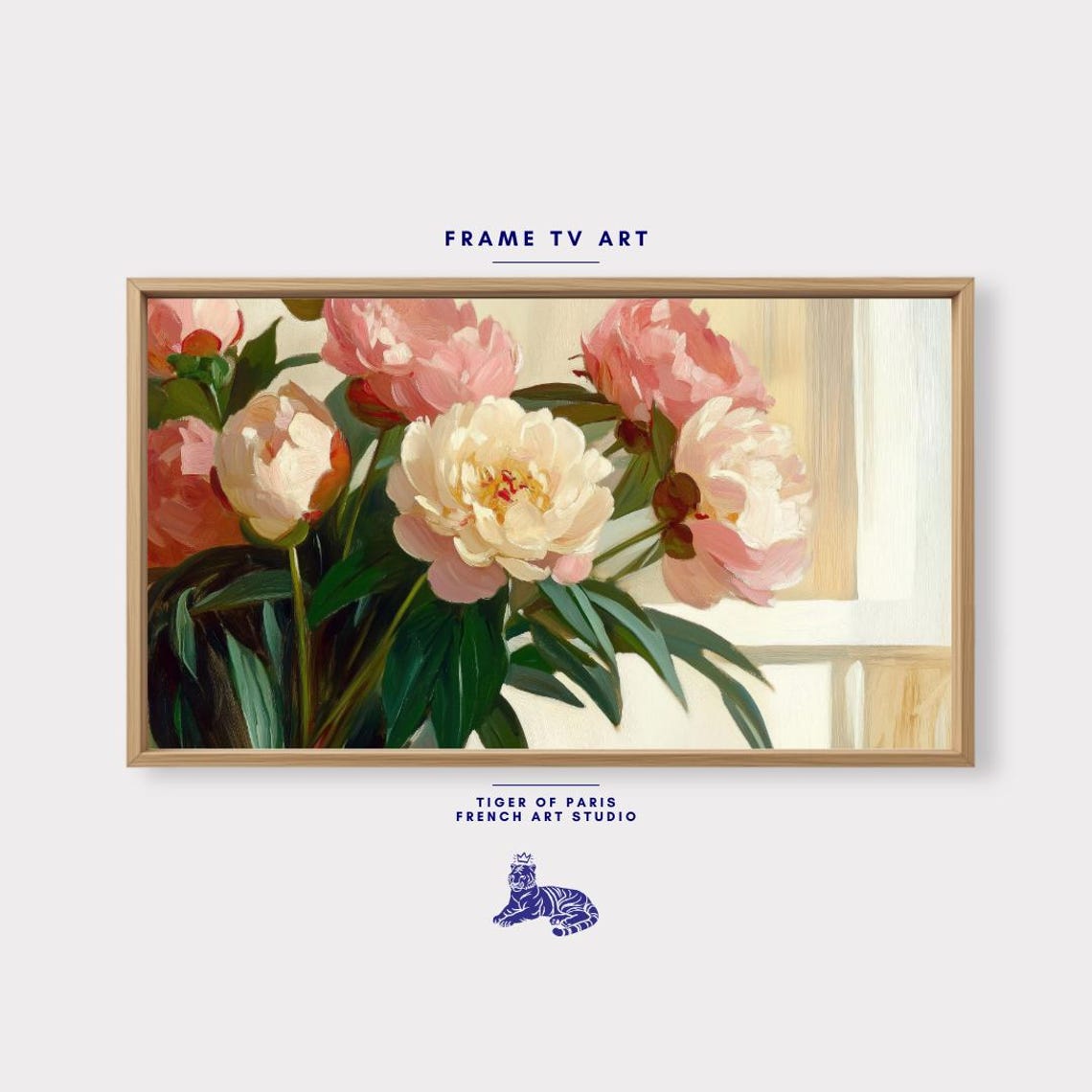 Soft Pink Peony Bouquet Oil Painting Romantic Window Light Floral Art
