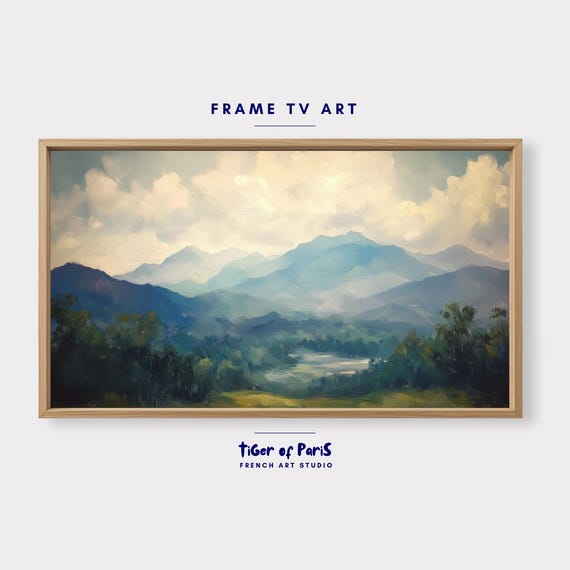 Frame Tv Art Blue Mountain Oil Painting For Frame Tv Serene Landscape Art Nature Wall Decor