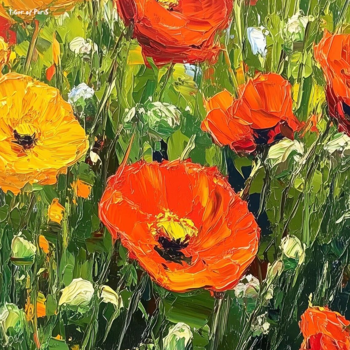 Red Poppy Field Impasto Oil Painting Vibrant Summer Meadow Art Poster - Image 3