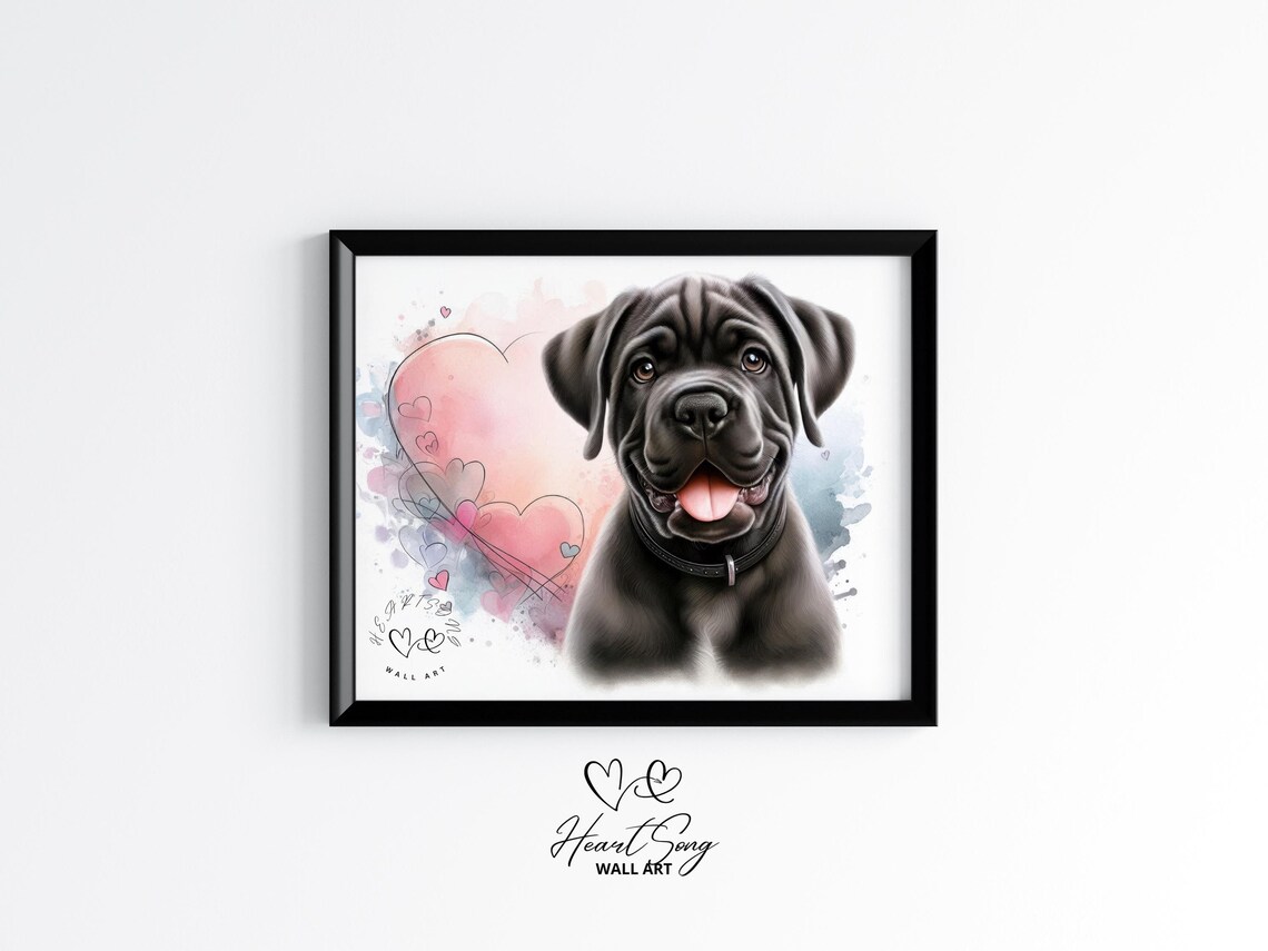 Cane Corso Puppy Watercolor Heart Painting Cute Dog Portrait Poster