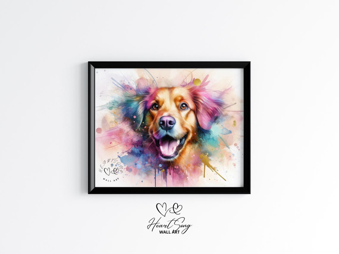 Golden Retriever Pink And Teal Watercolor Splash Happy Dog Poster