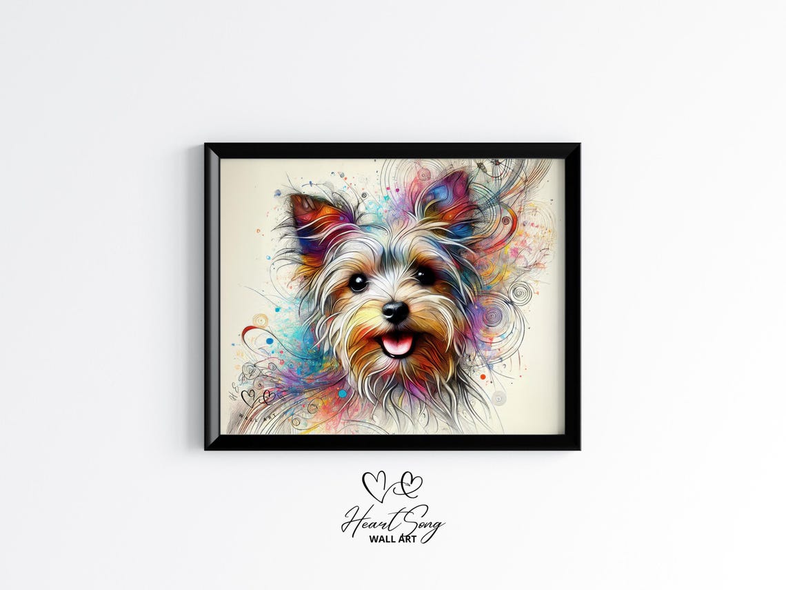 Yorkshire Terrier Rainbow Watercolor Splash Fine Line Art Dog Poster