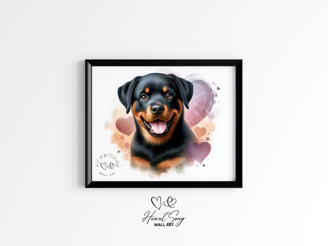 Rottweiler Puppy Love Watercolor Heart Pet Portrait Wall Art