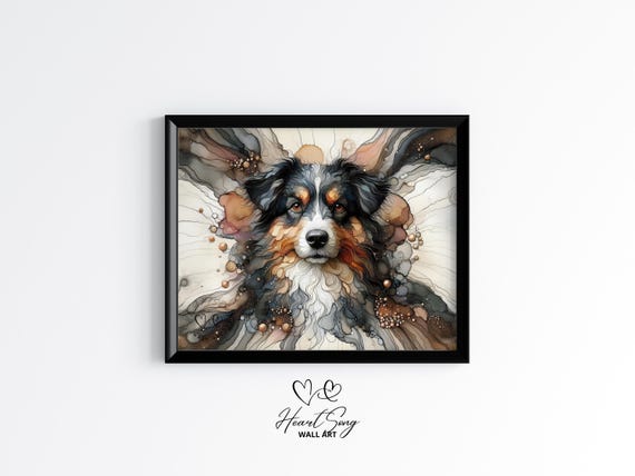 Australian Shepherd Dog Painting Rustic Abstract Wall Art With Moody Layers And Ink Texture For Modern Decor Lovers 820