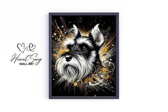 Schnauzer Dog Wall Art Moody Black And Gold Pet Portrait Vintage Stylish Print Elegant Animal Artwork 363