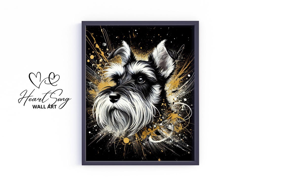 Moody Schnauzer Dog Portrait Black and Gold Splash Art Poster