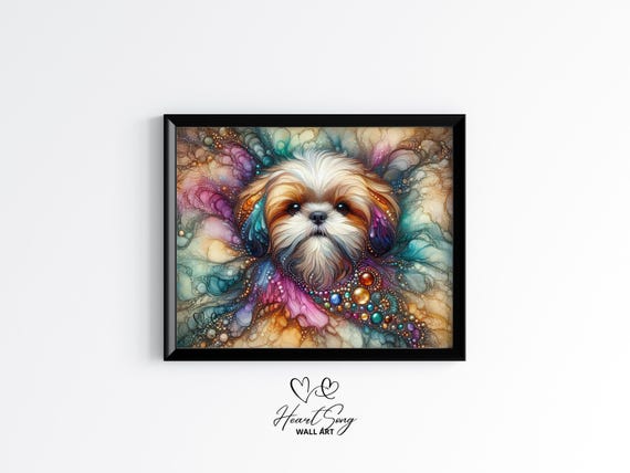 Shih Tzu Dog Painting Rustic Abstract Wall Art In Alcohol Ink Style For Modern Decor Lovers 912