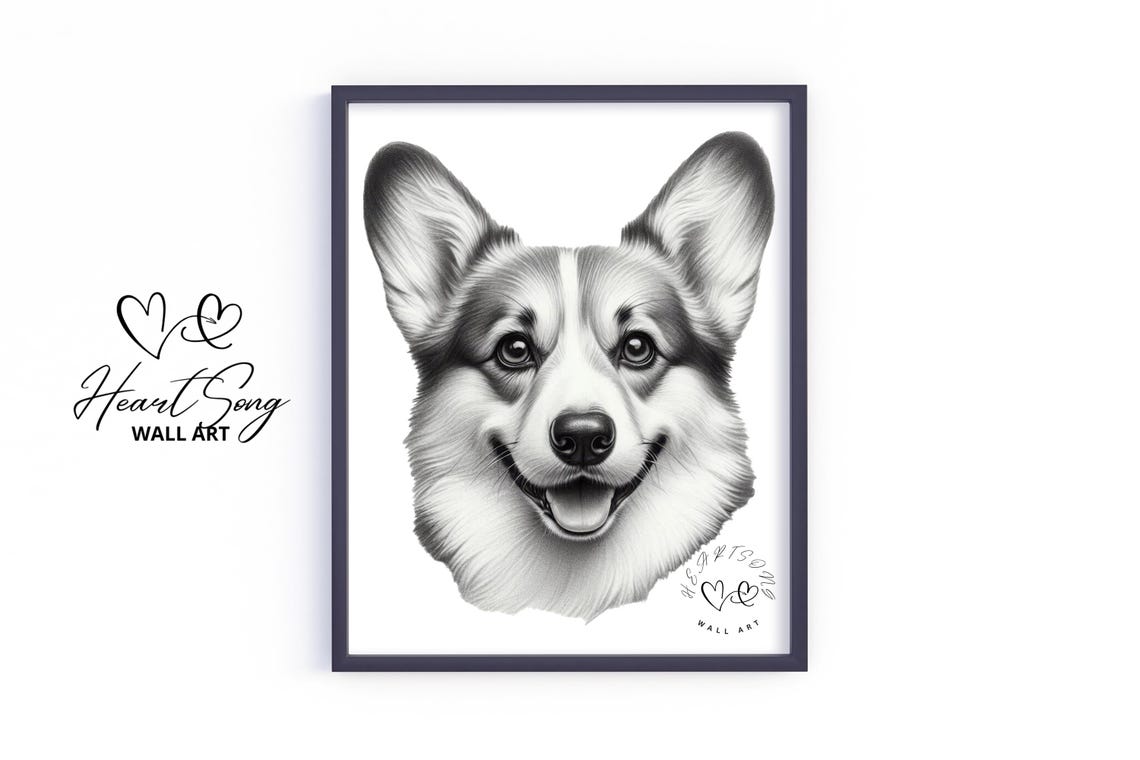 Happy Corgi Front Facing Grin Black and White Sketch Dog Poster