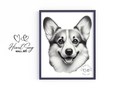 Happy Corgi Front Facing Grin Black and White Sketch Dog Poster