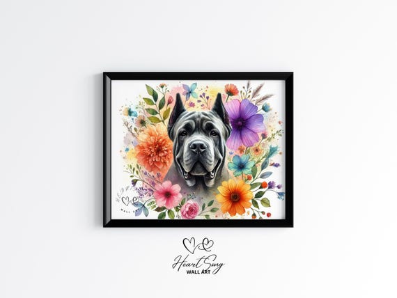 Cane Corso Dog With Flowers Print Moody Pet Portrait Floral Botanical Wall Art Earthy Summer Painting 65