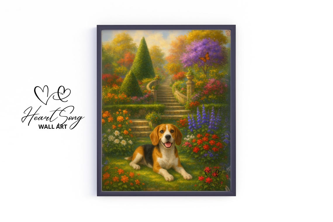 Beagle Puppy in Autumn Flower Garden with Stone Steps Poster