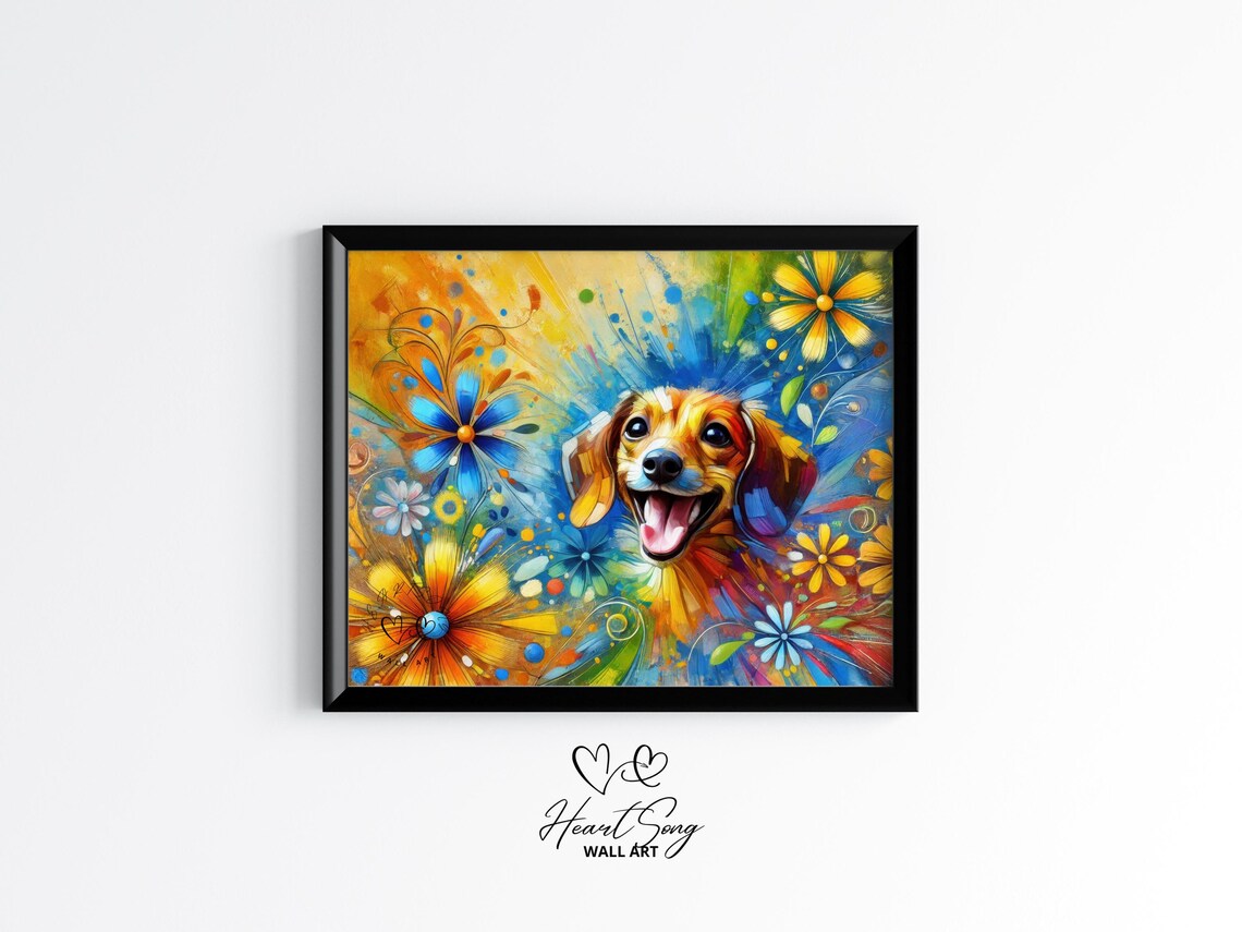 Playful Dachshund Dog Bold Colorful Floral Pet Portrait Poster