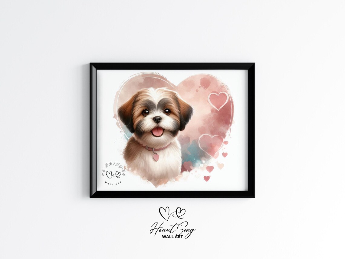 Cute Shih Tzu Puppy Valentine Watercolor Heart Rustic Dog Art Poster