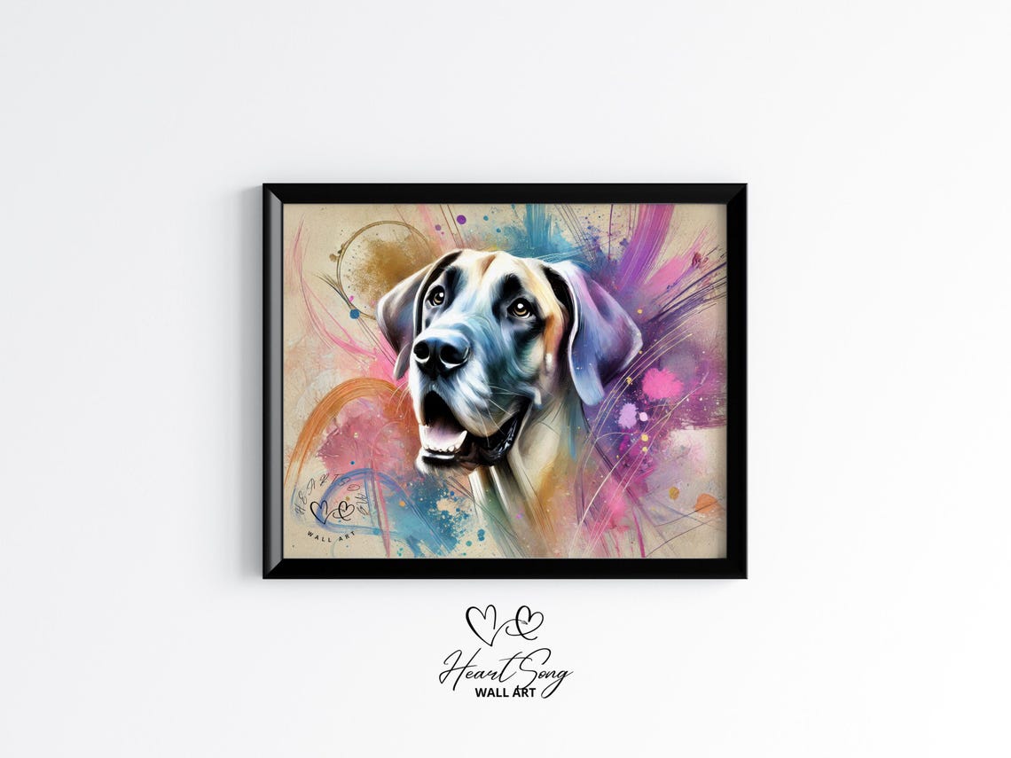 Great Dane Watercolor Splash Dog Portrait Pink Blue Pet Poster