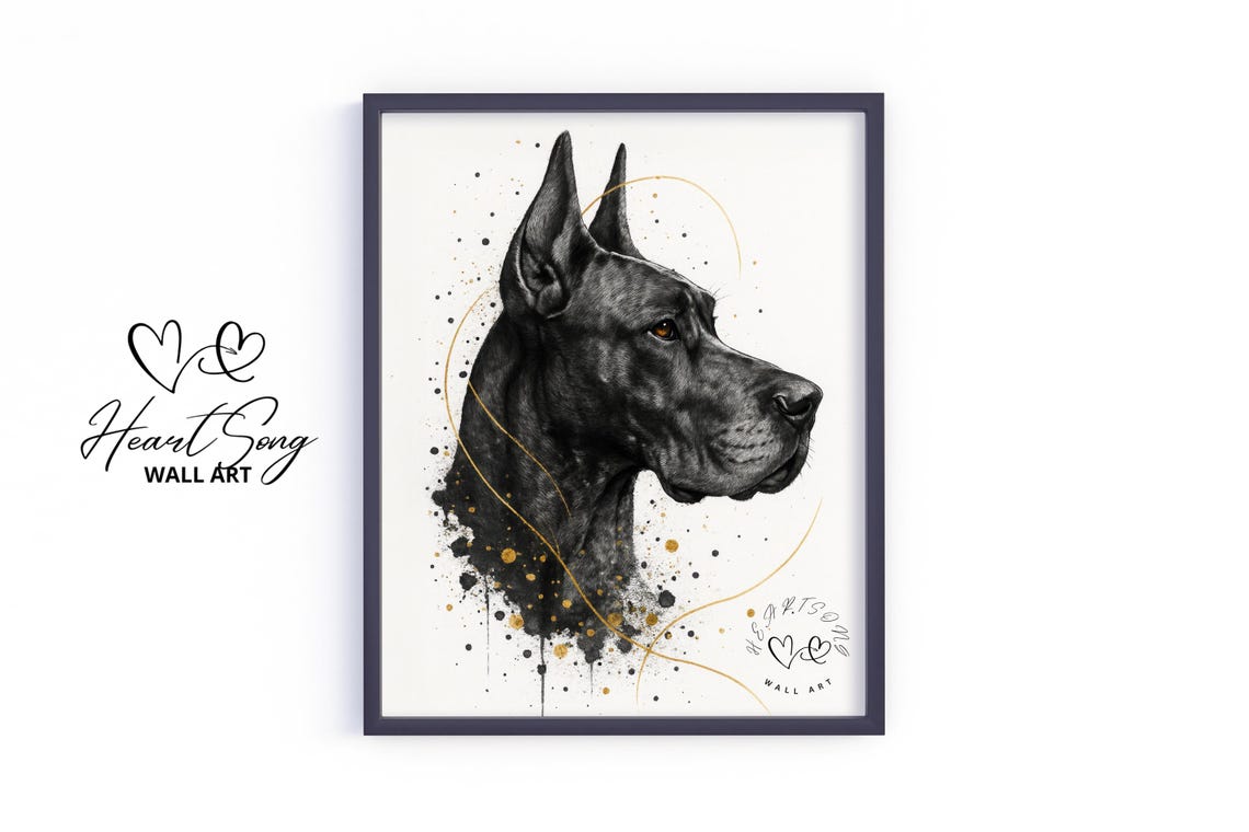 Majestic Great Dane Portrait Bold Black Ink Gold Splatter Poster