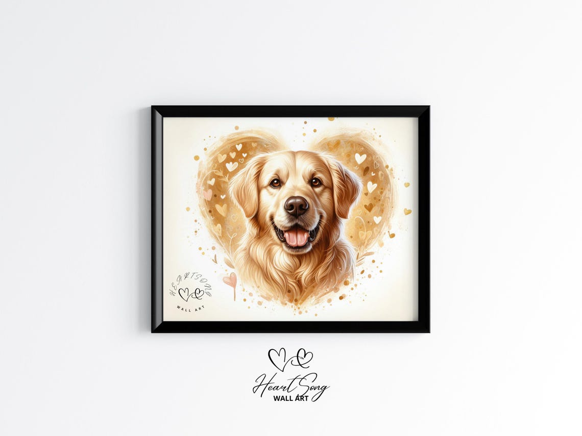 Golden Retriever Puppy Love Print Rustic Dog Wall Art Cozy Country Farmhouse Decor Warm Pet Portrait Painting 298