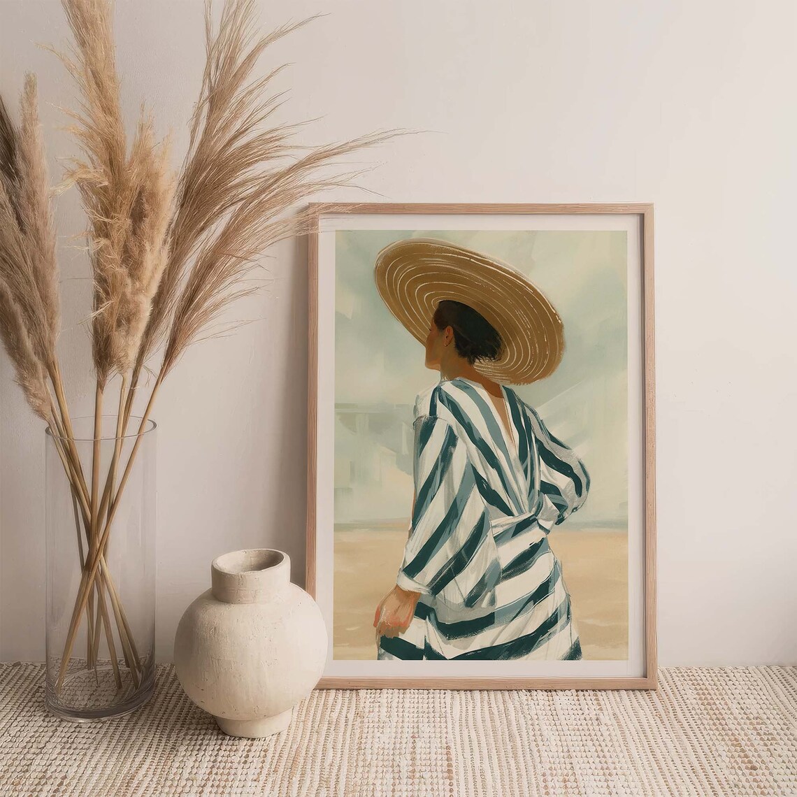 Woman in Striped Dress and Sun Hat at Beach Watercolor Poster - Image 2