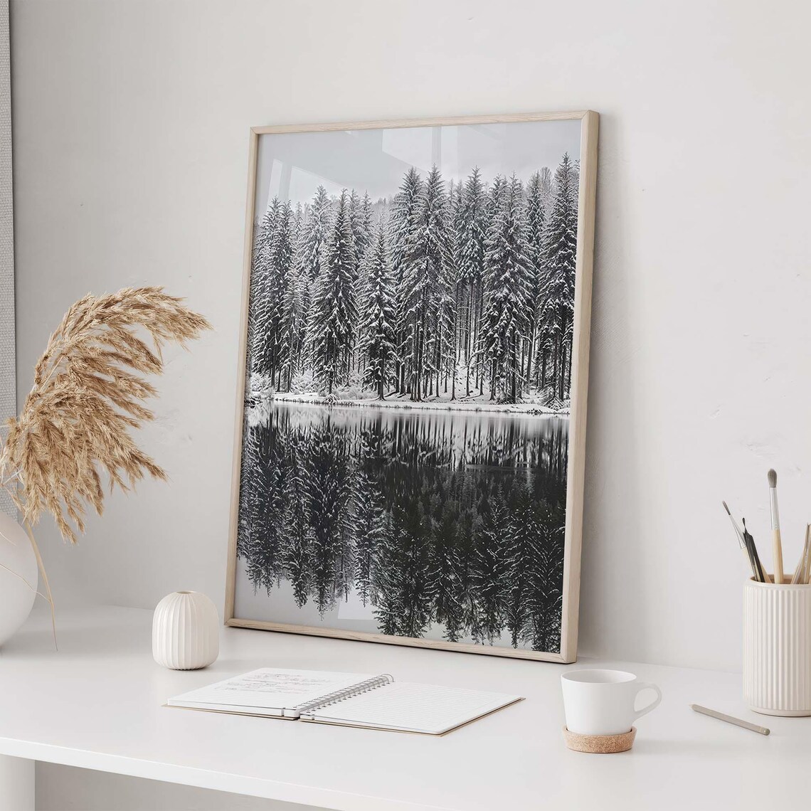 Snowy Lake In The Forest, Black And White Nature Art Print - Image 3