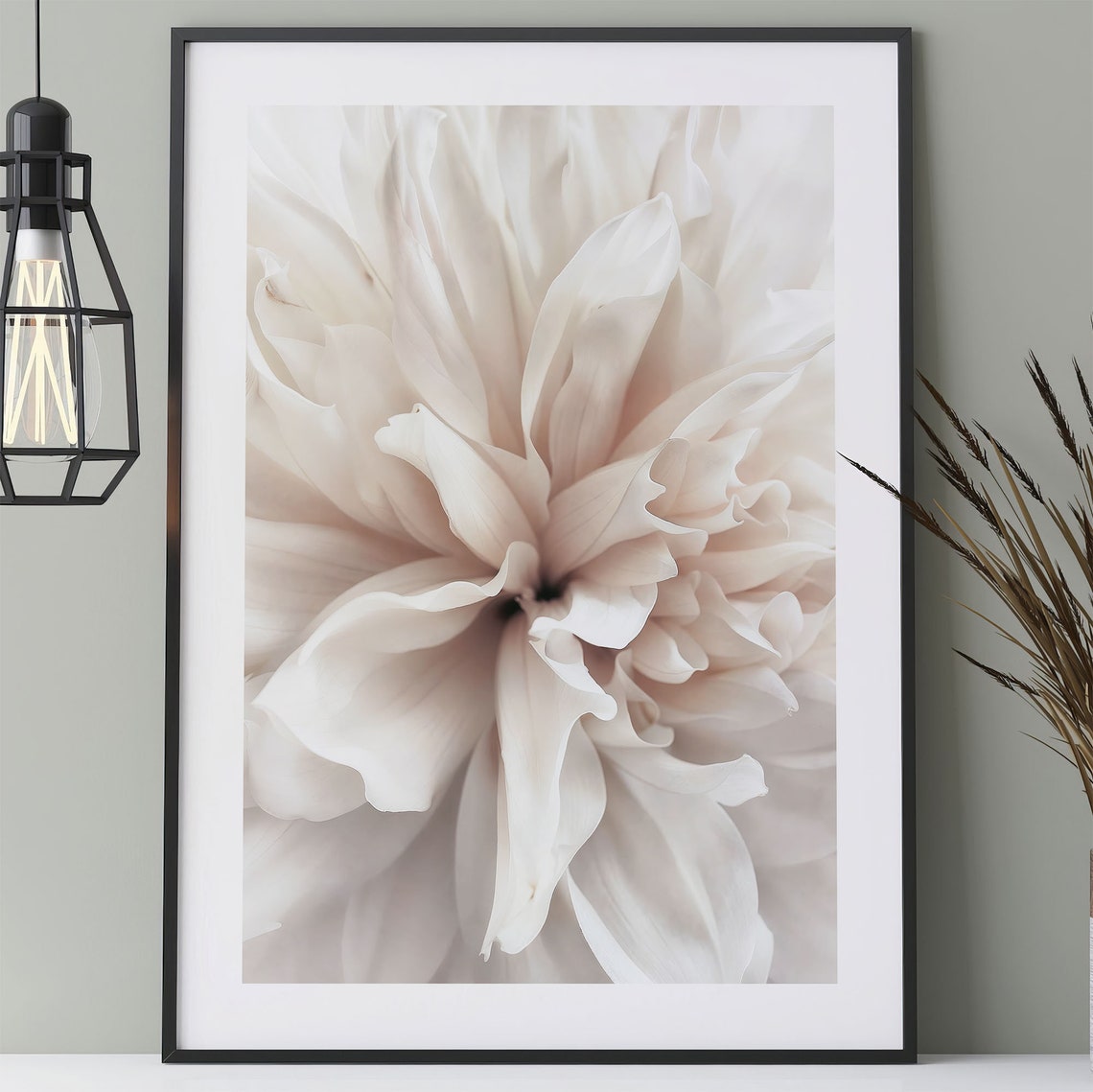 White Dahlia Flower Poster Soft Macro Petals Minimal Scandi Art