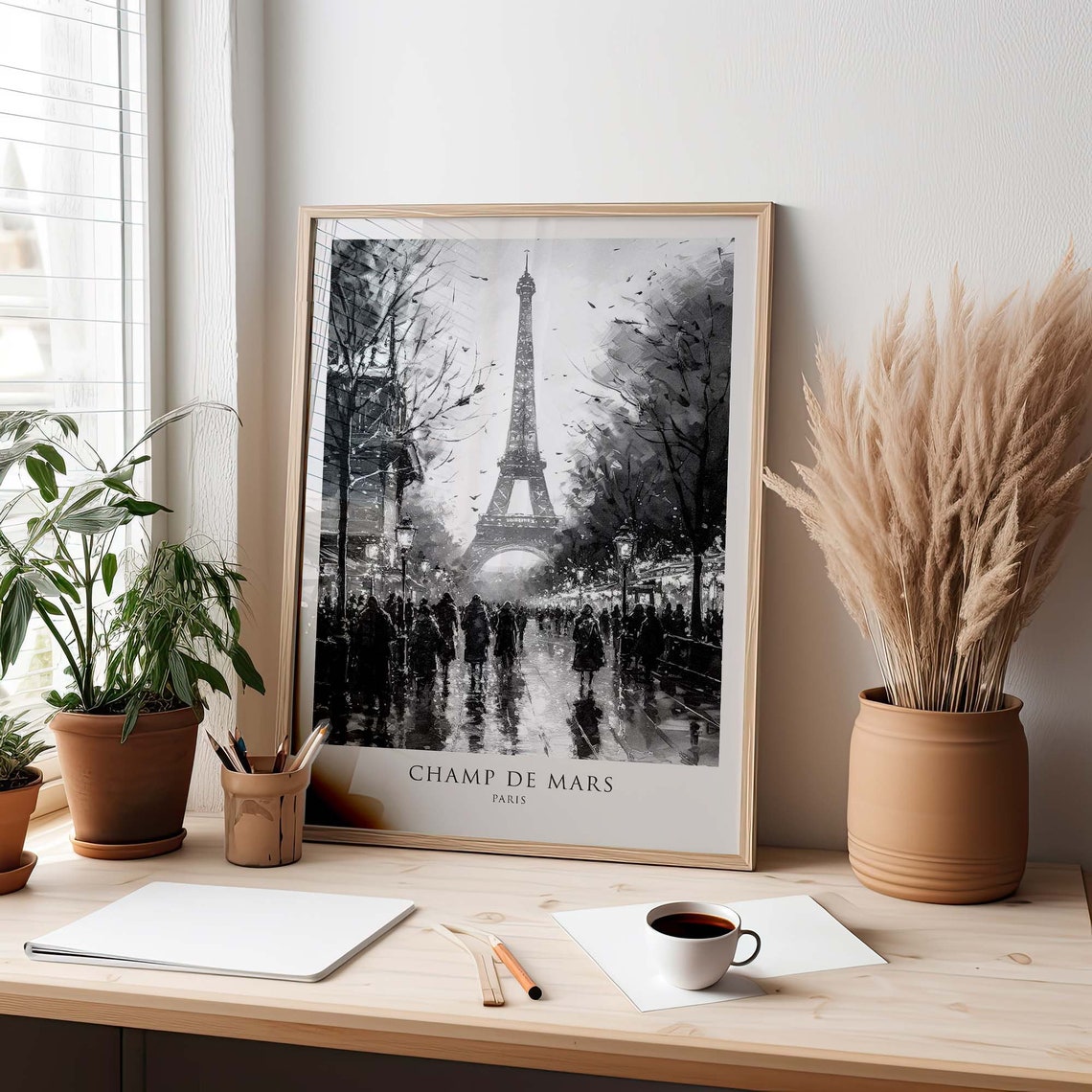 Champ de Mars Paris Eiffel Tower Black White Watercolor Poster - Image 2