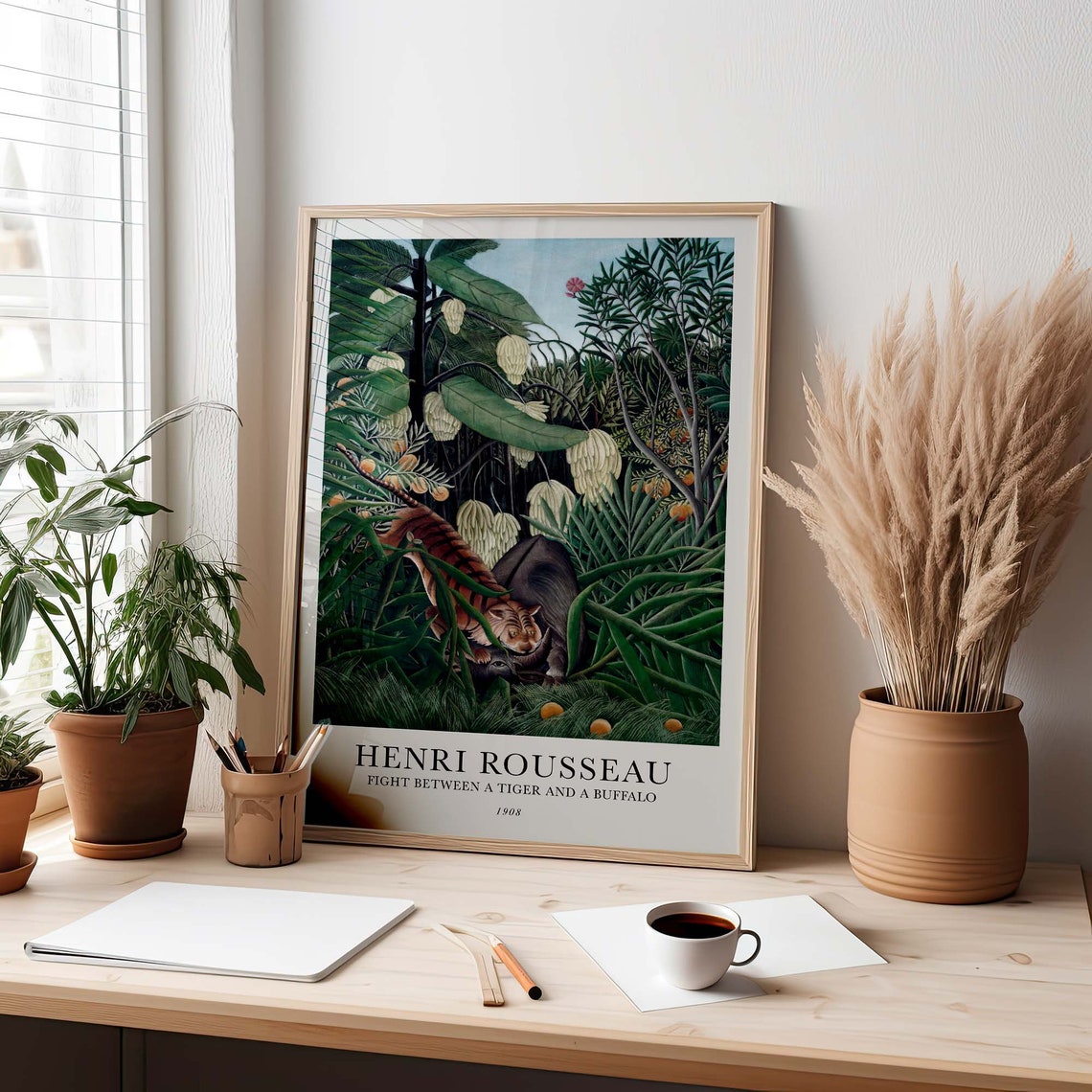 Jungle Poster With Motif By Henri Rousseau In Scandi Style Fight Between A Tiger And A Buffalo - Image 2