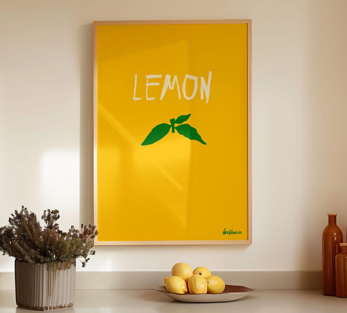 Lemon Poster Yellow Kitchen Wall Art Hand Drawn Fruit Print Summer Decor Modern Mediterranean Illustration Pantry