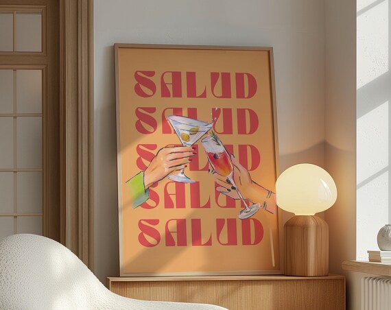 Salud Cocktail Cheers Orange Retro Kitchen Bar Cart Artwork Print